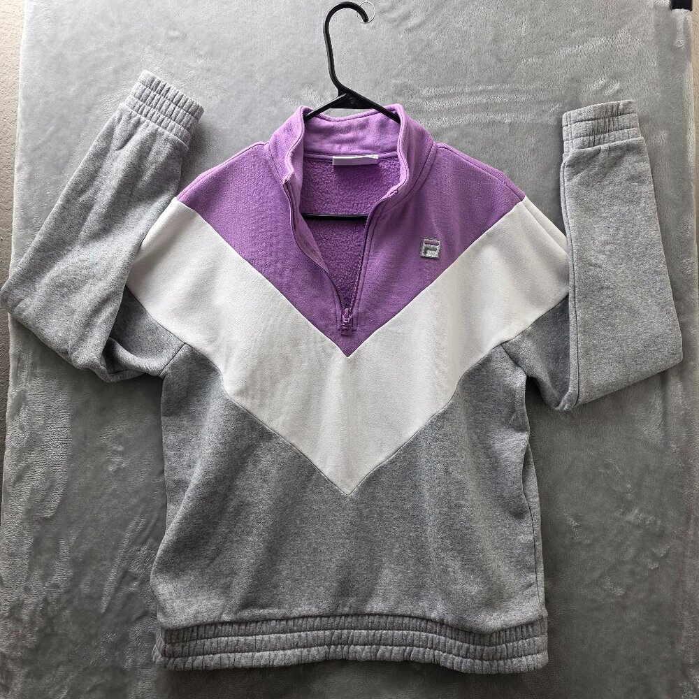 FILA Women’s Tri-Color 1/4 Zip Pullover Sweatshirt Gray Purple White Size Large
